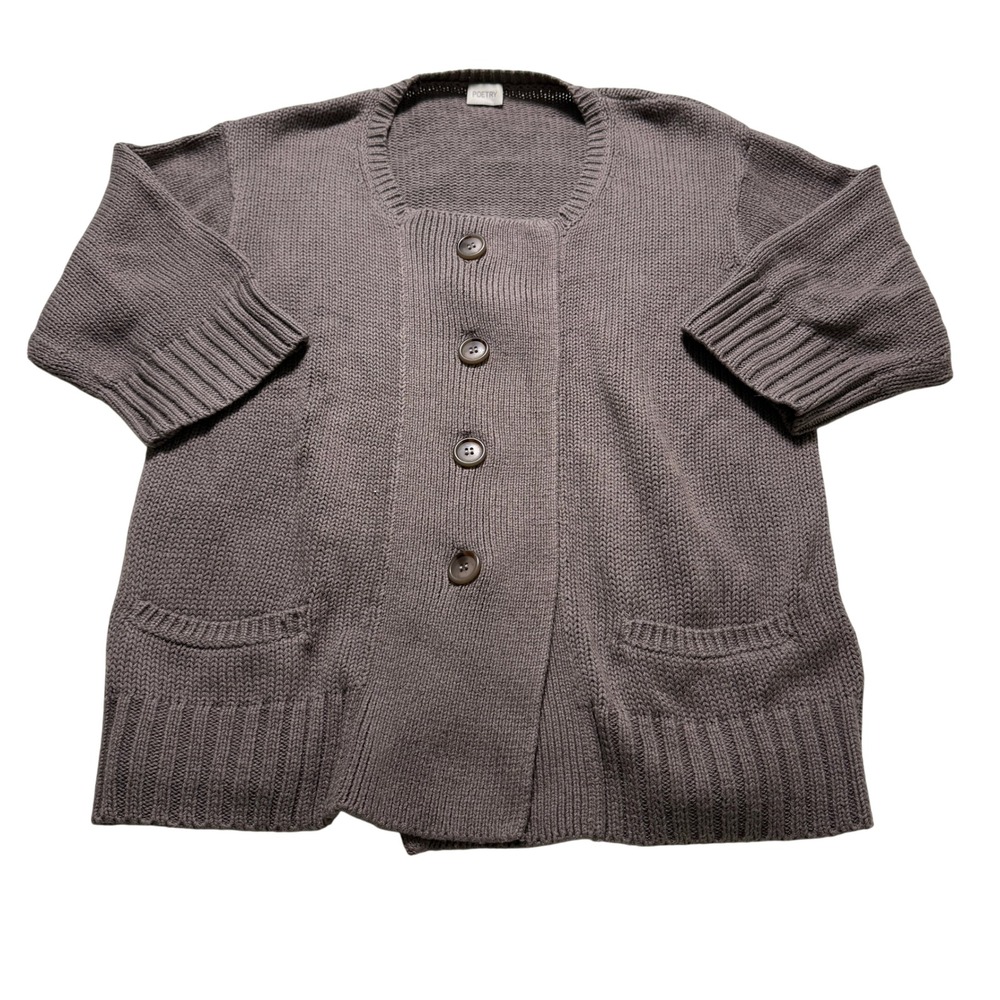 Poetry Cardigan Sweater Wms SZ US 6 Brown Taupe Cotton Square Neck Pockets‎ NWT